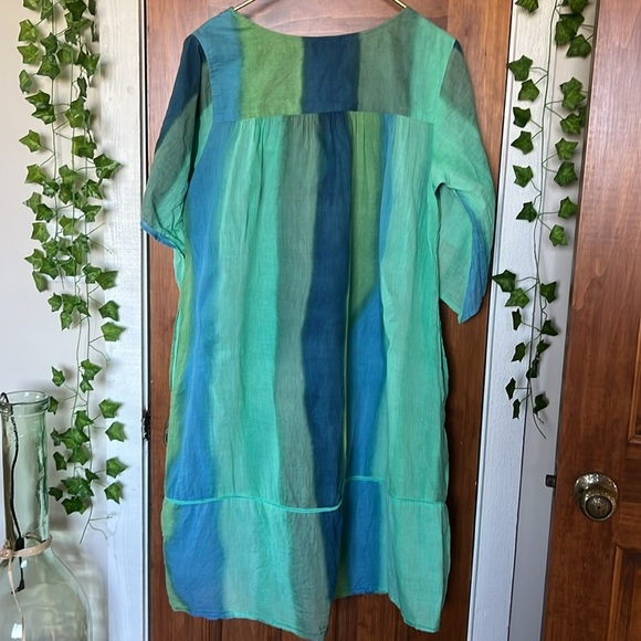 100% Cotton Striped Blue Green Turquoise Bead Detail Beach Swim Cover Dress - Picture 2 of 8